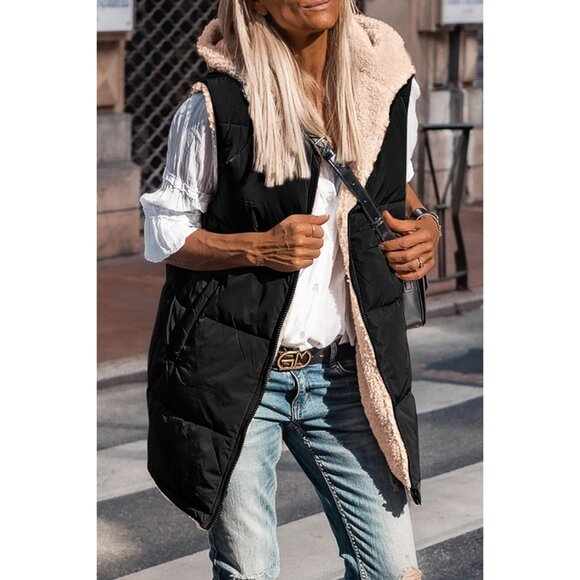 Women's Reversible Fleece Vest Sleeveless Hoodie Pockets Fall Winter Coat - Picture 6 of 6